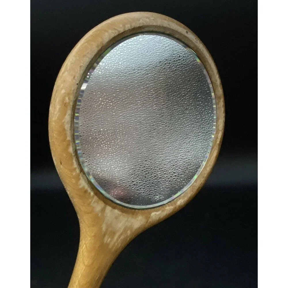 Marquetry Wood Crane Bird Inlay Vanity 11” Mirror Hand Held Beveled Glass READ